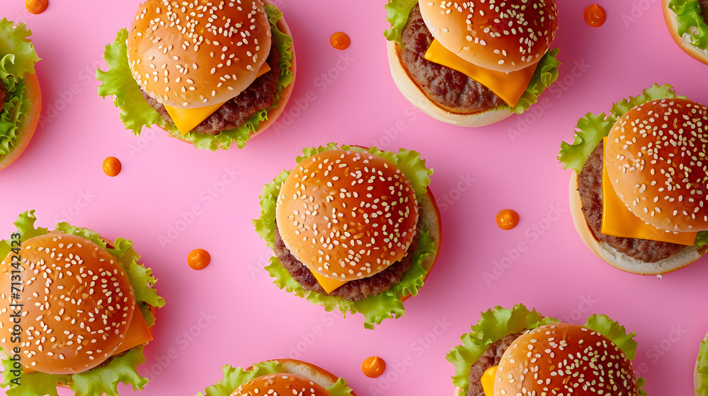 Cheeseburger pattern flat lay, top view, pastel pink background - obrazy, fototapety, plakaty 