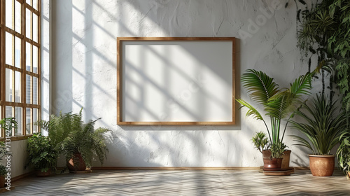 cadre blanc vide accroch      un mur blanc dans une pi  ce chaleureuse et douce avec du bois