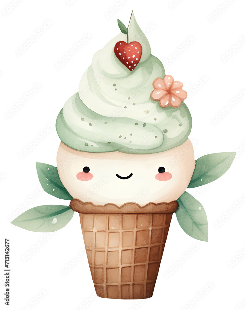 Watercolor illustration of cute kawaii ice cream. Transparent background, png. Ai generated