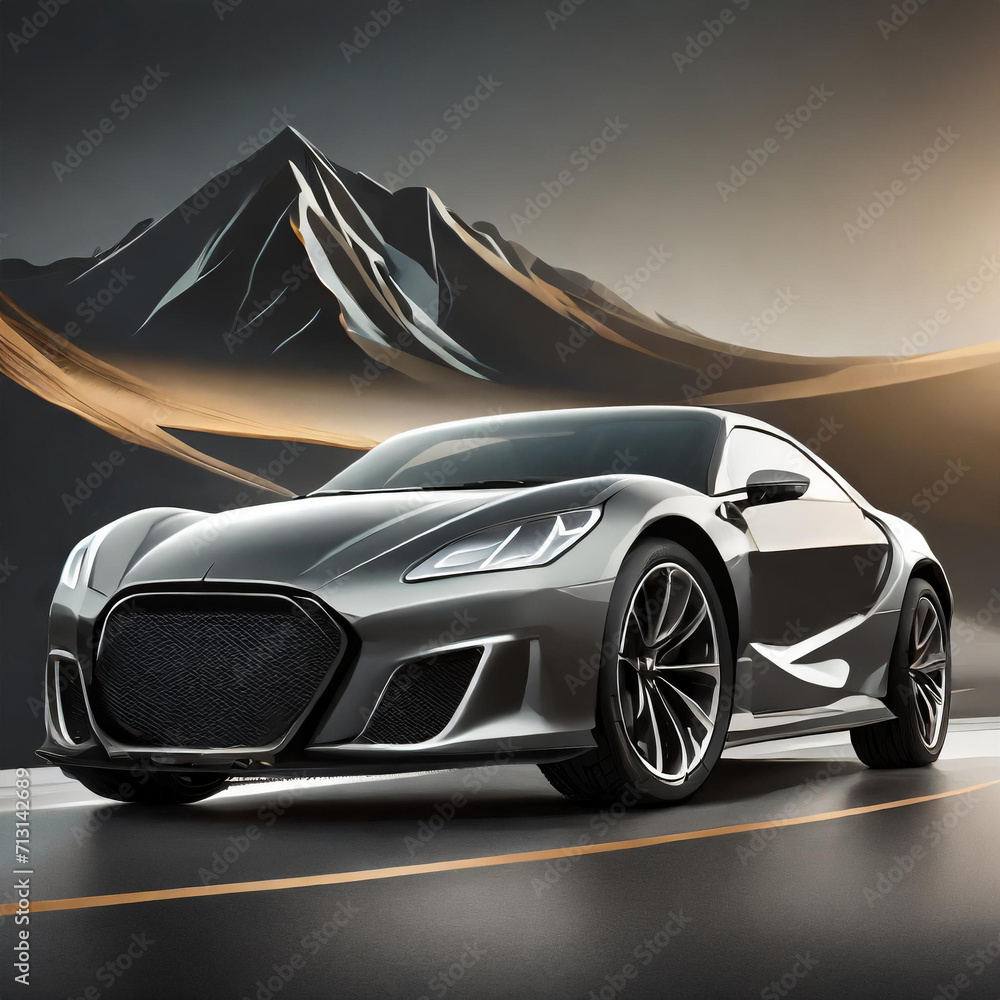 Naklejka premium Luxury Sports Car Showcased Against Mountain Backdrop..