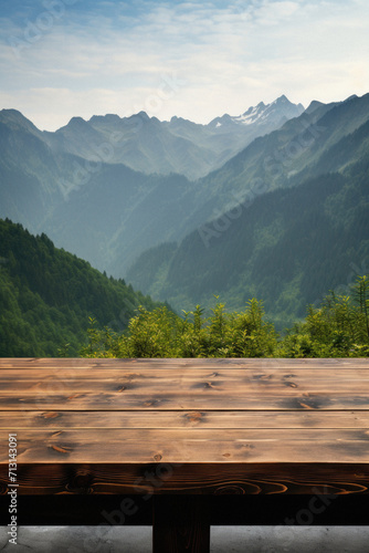 Wooden table mountains bokeh background  empty wood desk surface product display mockup with blurry nature hills landscape abstract travel backdrop advertising presentation. Mock up  copy space.