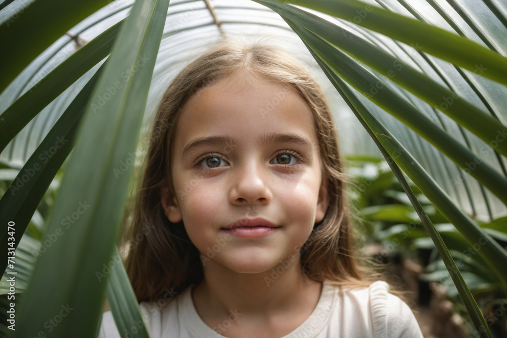 portrait of a girl in greenhouse with leaves portrait of a girl in greenhouse with leaves