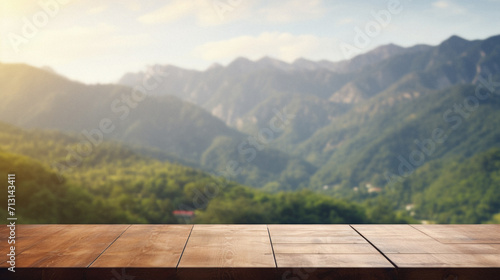 Wooden table mountains bokeh background  empty wood desk surface product display mockup with blurry nature hills landscape abstract travel backdrop advertising presentation. Mock up  copy space.