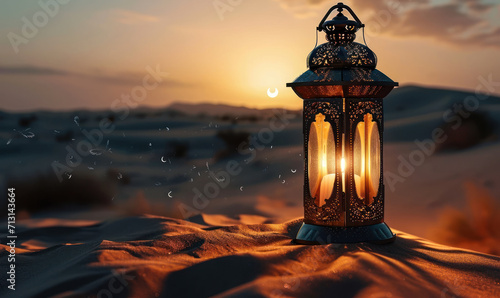 Traditional Arabian lantern standing on the sands of a serene desert under the crescent moon, evoking Ramadan's spirituality and the tranquil beauty of an endless dune landscape