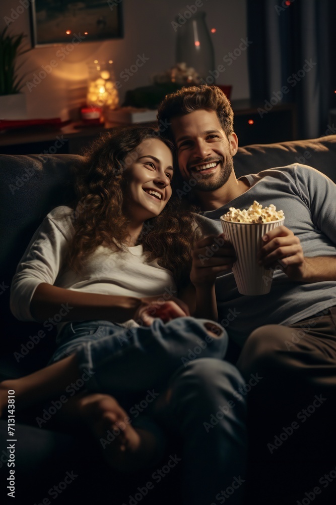 A man and a woman are relaxing on the sofa in the evening. Yong couple watching movie.