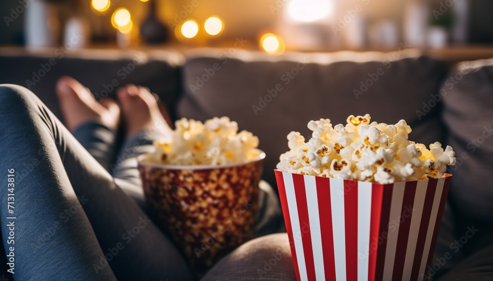 Couple sitting on sofa with popcorn. A man and a woman are relaxing on the sofa in the evening.