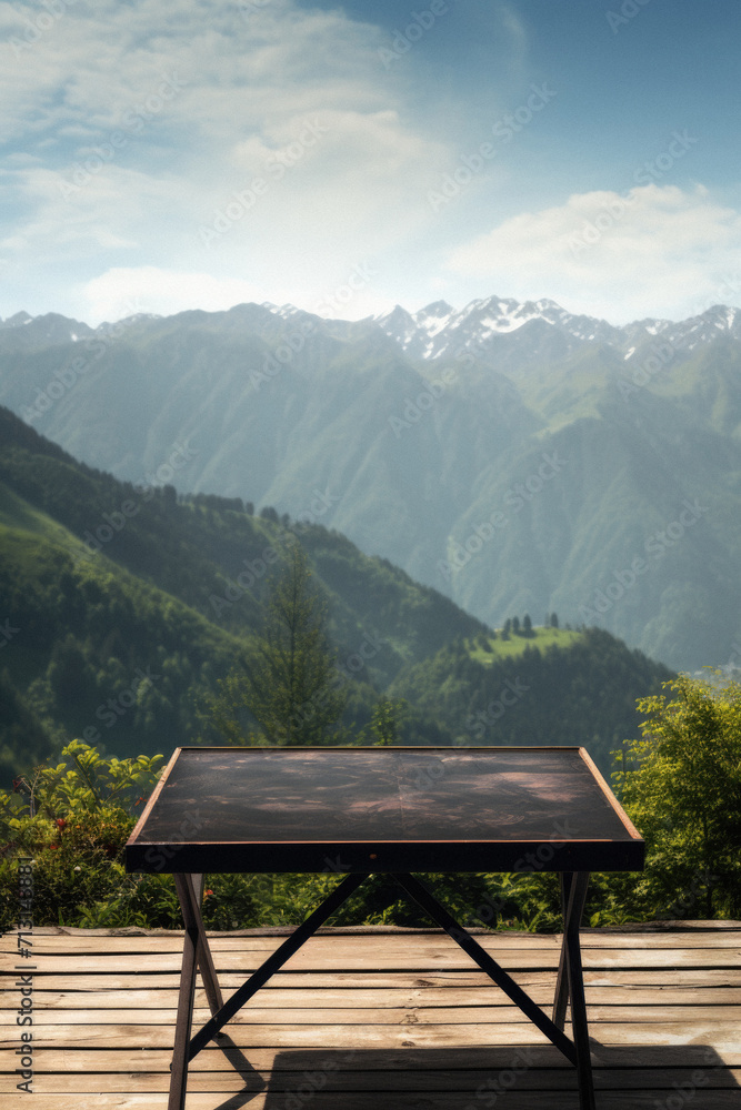 Wooden table mountains bokeh background, empty wood desk surface product display mockup with blurry nature hills landscape abstract travel backdrop advertising presentation. Mock up, copy space.