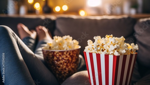 Couple sitting on sofa with popcorn. A man and a woman are relaxing on the sofa in the evening.