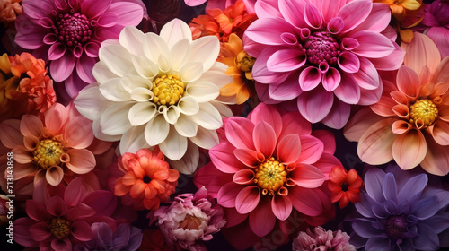 A vibrant tapestry of full-bloom dahlia flowers, their radiant petals showcasing nature's palette in a dazzling array of pinks and oranges © Bartek