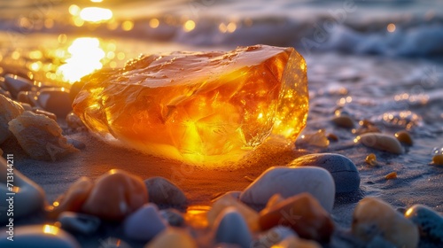 Sunset on the beach with a piece of amber in the foreground. Generative AI.