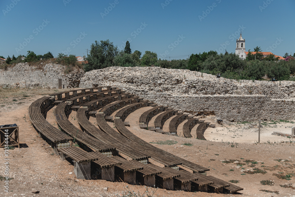 Image of the Roman ruins of Conimbriga, Portugal. Historical elements found at the site in archaeological works, such as an amphitheater.