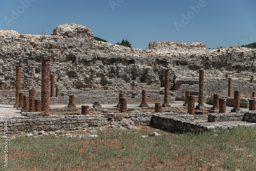 Image of the Roman ruins in Conimbriga, Portugal. Historical elements found at the site in archaeological work.