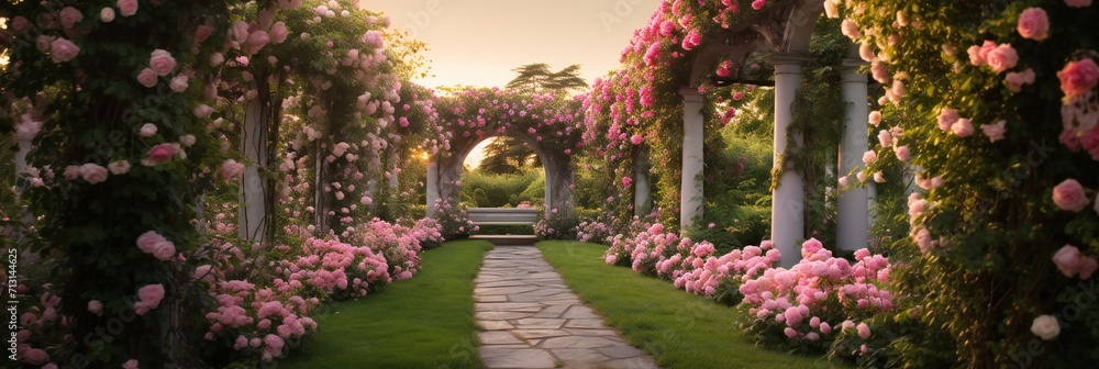 Garden featuring a white trellis arch. The interplay of architecture and nature a romantic scene. - obrazy, fototapety, plakaty 