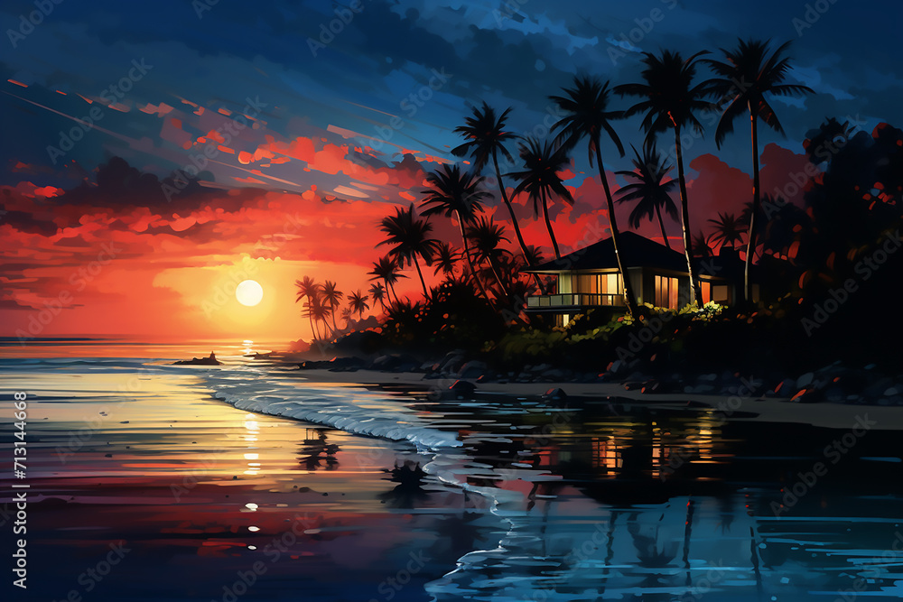 Beautiful sunset painting with boats, rivers, houses and trees.