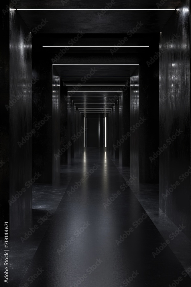 A long hallway with black walls and illuminated by lights. Suitable for various projects and designs