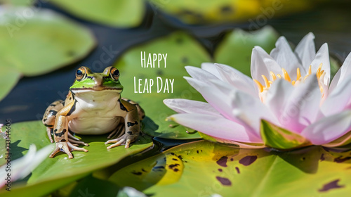 Leap Day 29 February 2024 greeting card with green frog on a water lily and text Happy Leap Day. Leap year, one extra day card