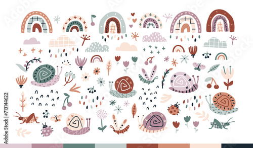 Rainbow snails in the rain. Summer vector set in earthy trending colors. Hand-drawn naive illustrations in a simple Scandinavian style with a limited palette. Isolate on white background