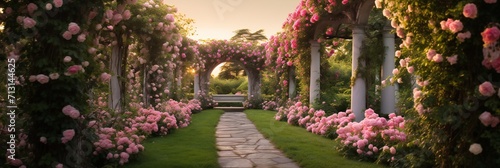 Garden featuring a white trellis arch. The interplay of architecture and nature a romantic scene. photo