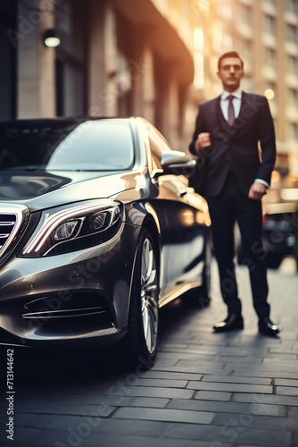 A driver, impeccably dressed. Elegant driver in suit next to a luxury car. © 7Author