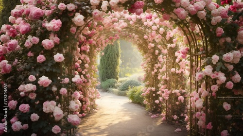 Picturesque garden featuring a white trellis. A garden trellis covered in roses. photo