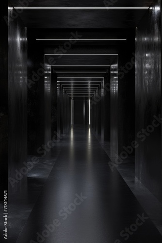 A long hallway with black walls and illuminated by lights. Suitable for various projects and designs
