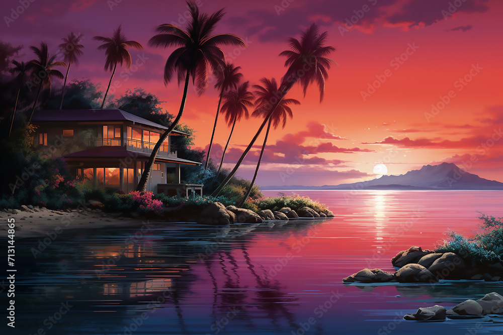 Naklejka premium Beautiful sunset painting with boats, rivers, houses and trees.