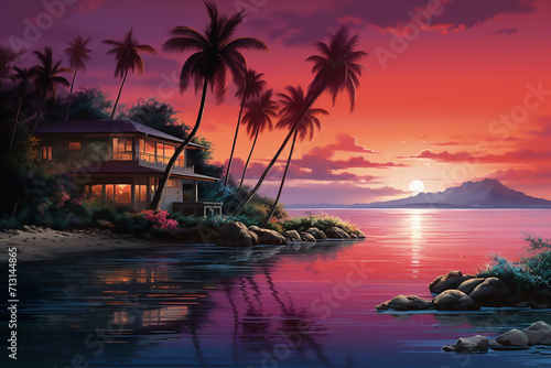 Beautiful sunset painting with boats  rivers  houses and trees.