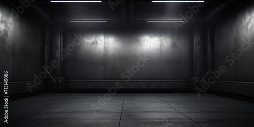 A dark empty room with lights on the ceiling and a white light on the ceiling. An empty garage with windows and sky lights, Dark Empty Space   © Aoun