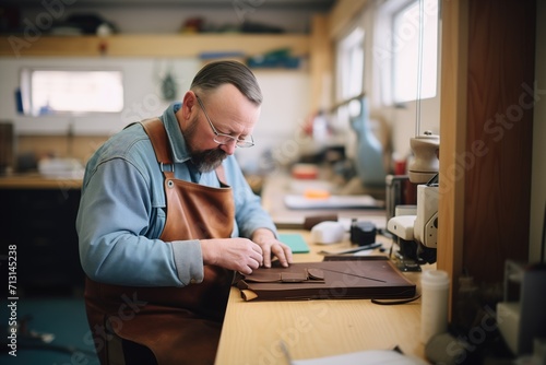 leatherworker stitching a wallet on a workbench