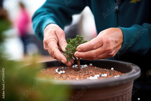 hands applying organic fertilizer pellets to bonsai