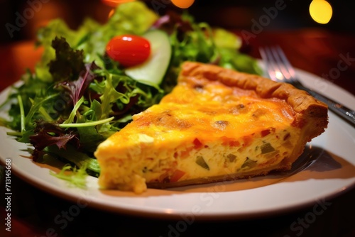 A slice of quiche with a side salad.