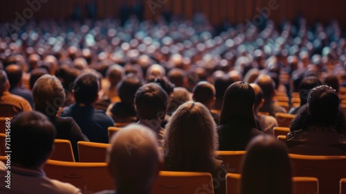 A large group of people sitting in front of a stage. Suitable for event, conference, or concert themes