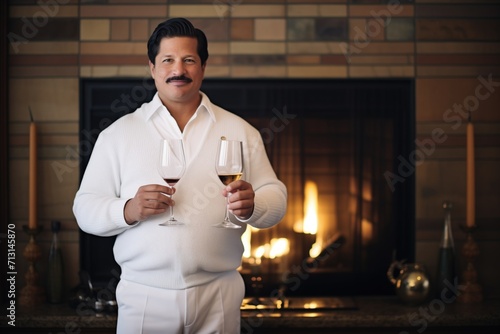 man holding a glass of maury wine near a fireplace photo