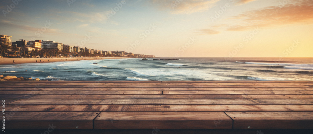 Naklejka premium Wooden table ocean bokeh background, empty wood desk surface product display mockup with blurry sea water sunny beach abstract summer travel backdrop advertising presentation. Mock up, copy space.