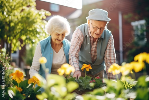 Fototapeta Naklejka Na Ścianę i Meble -  senior pair planting flowers in a sunny garden