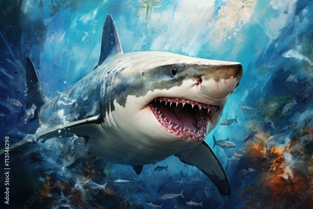 Obraz premium Great White Shark in the deep blue ocean. Ecology and environmental protection concept