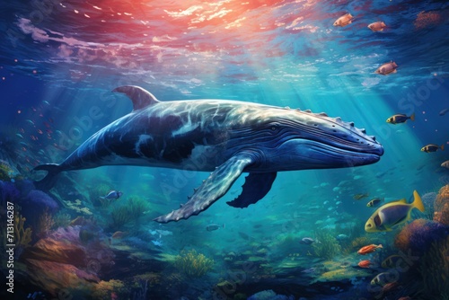 Humpback whale underwater in the ocean. 