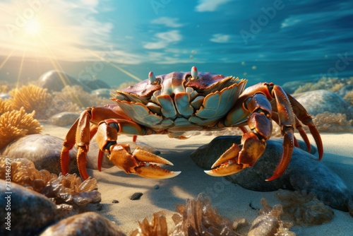 Crab on the sand on the background of the tropical beach. Ecology and environmental protection concept © Berezhna_Iuliia