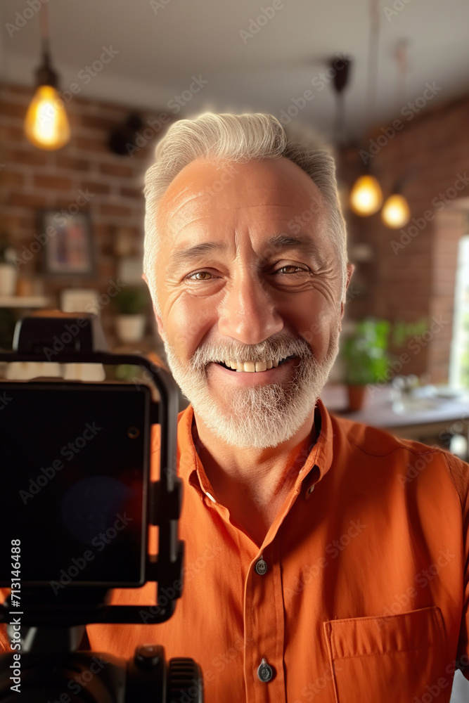 Handsome senior elder influencer man working on shooting for blog, recording selfie video at home, speaking at cellphone camera fixed on tripod Handsome senior elder influencer man working on shooting for blog, recording selfie video at home, speaking at cellphone camera fixed on tripod