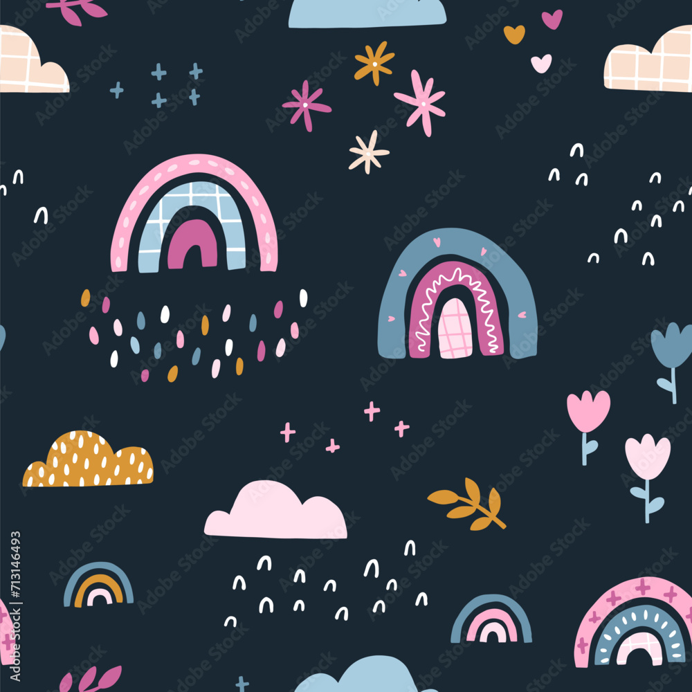 Naklejka premium Rainbow in the rain seamless pattern. Summer nursery vector background in colorful trending colors. Hand-drawn childish naive illustrations in a simple Scandinavian style in a limited palette.