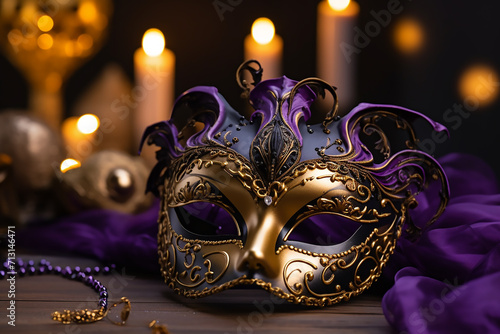 masks on the background of confetti and streamers , Venetian carnival mask with orange decorative ornaments