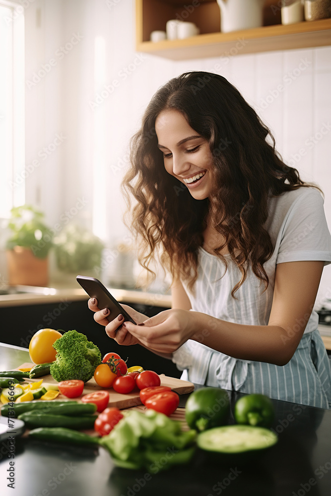 Happy millennial food blogger girl taking picture of fresh vegetables for salad on kitchen table, shooting healthy ingredients on smartphone, reading online recipe.