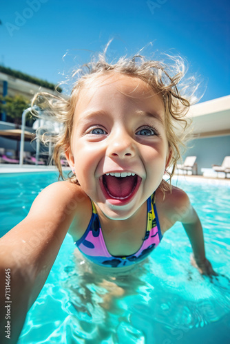 Happy little girl taking selfie in an outdoor swimming pool © AI_images