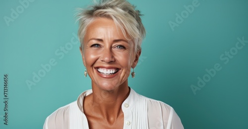 Joyful middle-aged woman radiating beauty with healthy skin and a bright smile