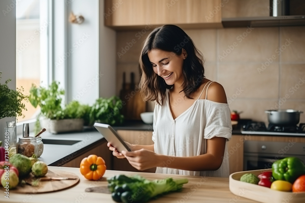 Happy millennial young woman cooking dinner in home kitchen, using tablet computer at table with vegetables, dish, reading online recipe, watching organic food blog Happy millennial young woman cooking dinner in home kitchen, using tablet computer at table with vegetables, dish, reading online recipe, watching organic food blog