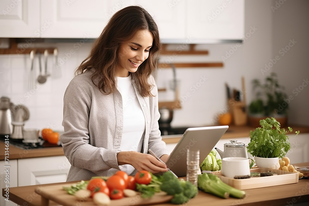 Happy millennial young woman cooking dinner in home kitchen, using tablet computer at table with vegetables, dish, reading online recipe, watching organic food blog