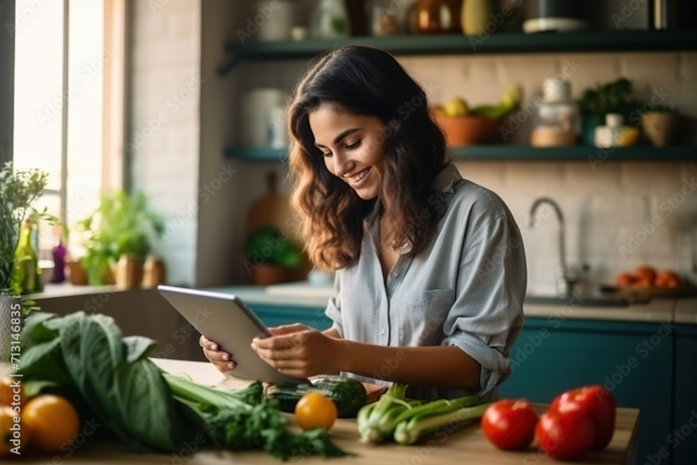 Happy millennial young woman cooking dinner in home kitchen, using tablet computer at table with vegetables, dish, reading online recipe, watching organic food blog