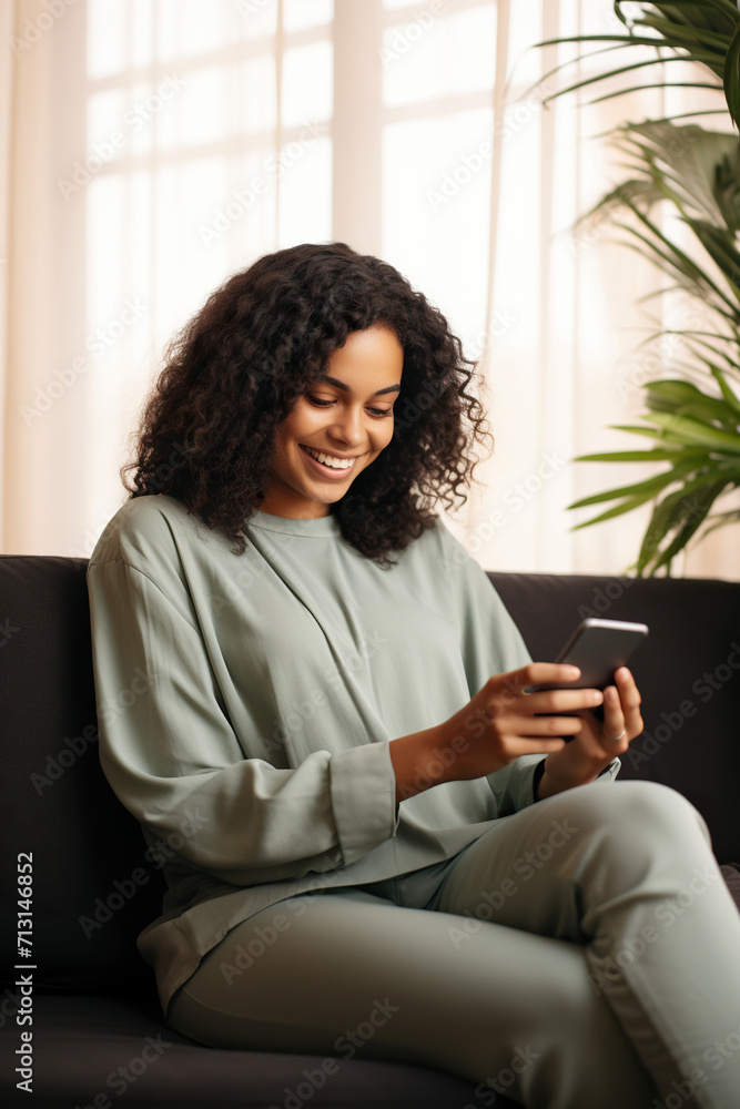 Fototapeta premium Happy young Latin woman sitting on sofa holding mobile phone using cellphone technology doing ecommerce shopping, buying online, texting messages.