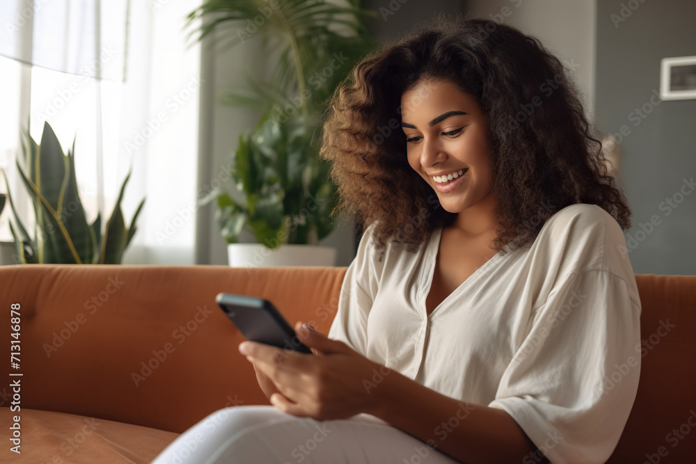 Happy young Latin woman sitting on sofa holding mobile phone using cellphone technology doing ecommerce shopping, buying online, texting messages. - obrazy, fototapety, plakaty 