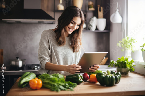 Happy millennial young woman cooking dinner in home kitchen  using tablet computer at table with vegetables  dish  reading online recipe  watching organic food blog